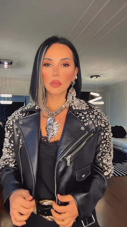 Castelia™ Embellished Black Leather Jacket