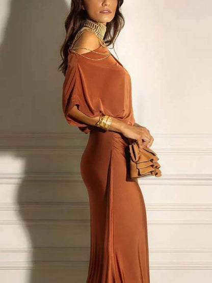 Oblique Collar Off-Shoulder Pleated Maxi Dress