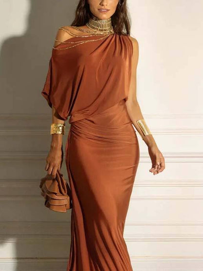 Oblique Collar Off-Shoulder Pleated Maxi Dress