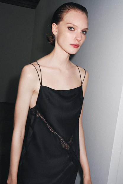 Black and Cream Lace - Trimmed Slip Dress