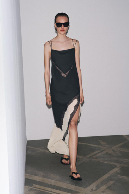 Black and Cream Lace - Trimmed Slip Dress