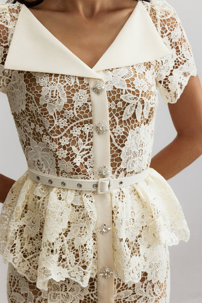 Ivory Lace Midi Dress with Peplum for Women - Wanda