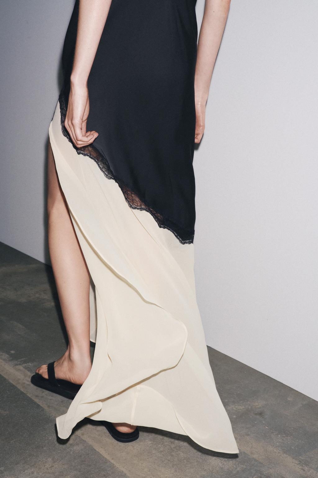 Black and Cream Lace - Trimmed Slip Dress